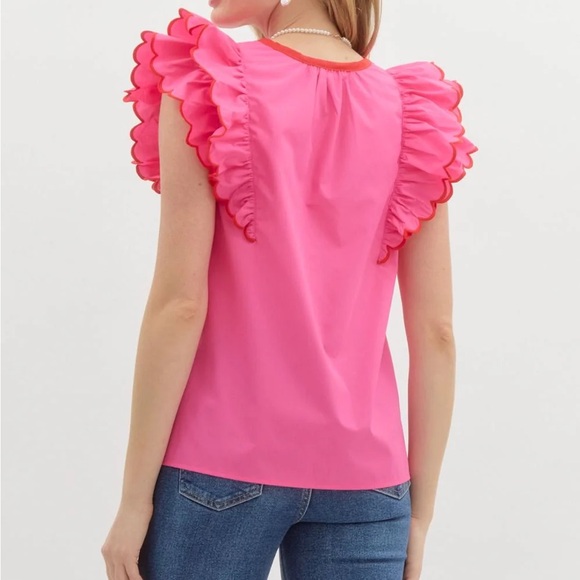 Entro Pink/Red Cotton Scallop Ruffle Sleeve Top - Women’s Size L - Picture 2 of 11